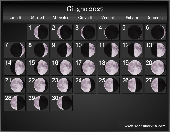 Calendario Lunare di Giugno 2027 - Le Fasi Lunari