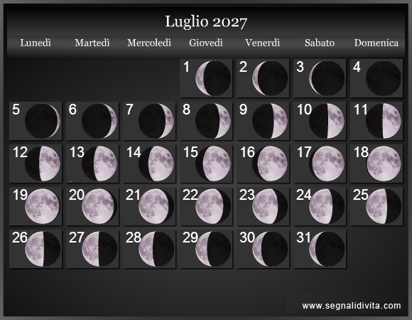 Calendario Lunare di Luglio 2027 - Le Fasi Lunari